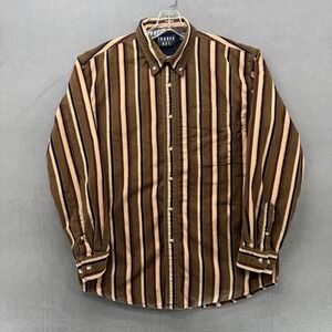 Trader Bay Mens M Corduroy Button Down Shirt Striped Brown Cotton Long Sleeve